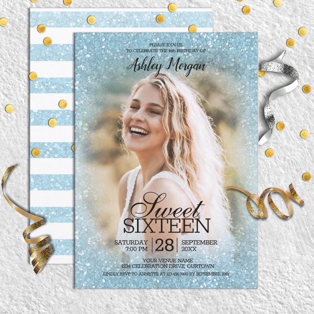 Sky Blue Glitzer Foto Template Sweet 16 Party Einladung (Von Creator hochgeladen)
