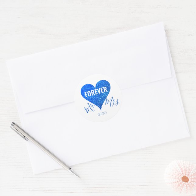 Sky Blue Glitzer Heart Mr+Mrs Round Sticker (Umschlag)