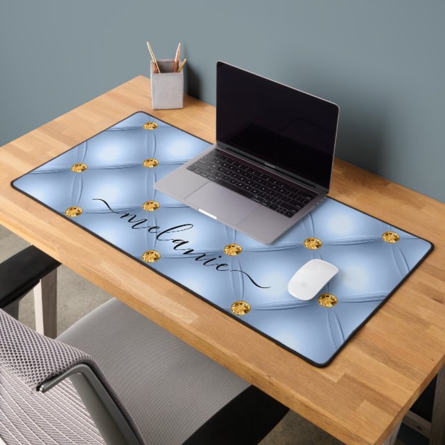 Sky Blue Gold Diamond Tufted Individuelle Name Schreibtischunterlage (Büro 2)
