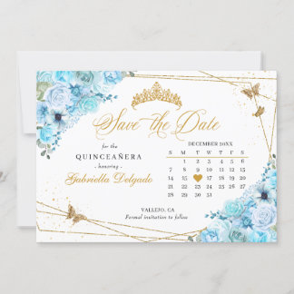 Sky Blue & Gold Quinceñera Save the Date Einladung
