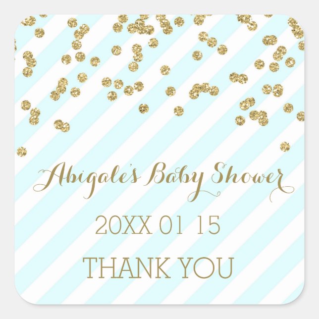 Sky Blue Gold Stripes Baby Dusche Gefallen Sticker (Vorderseite)