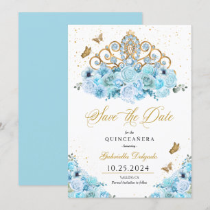 Sky Blue & Gold Tiara Save the Date Quinceañera Einladung