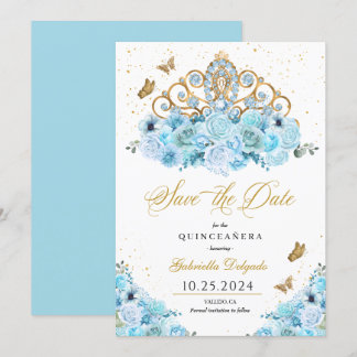 Sky Blue & Gold Tiara Save the Date Quinceañera Einladung