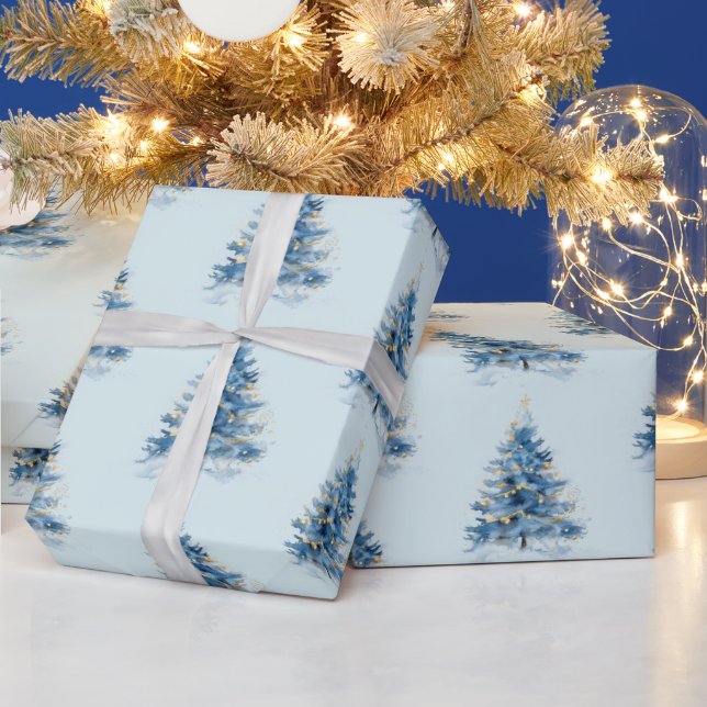 Sky Blue Gold Weihnachtsbaumen Geschenkpapier (Feiertage)