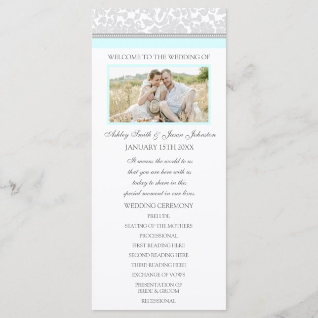 Sky Blue Gray Damask Foto Hochzeitsprogramm Programm (Vorderseite)
