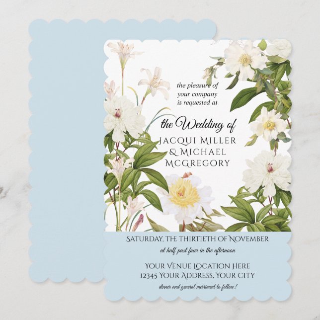 Sky Blue Ivory Rose Peony w Leaf Foliage Hochzeit Einladung (Vorne/Hinten)