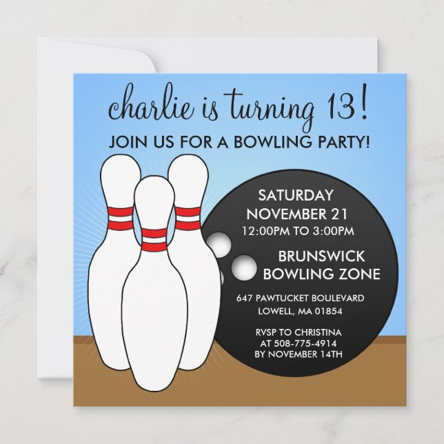 Sky Blue Let's have a Ball Bowling Party Einladung (Vorderseite)