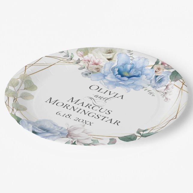 Sky Blue Magnolia und Peony Summer Wedding Pappteller (Schrägansicht)