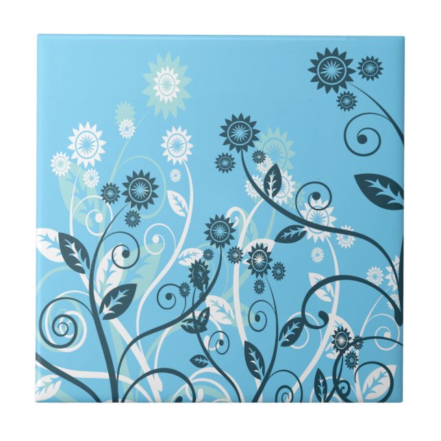 Sky Blue Modern Floral Fliese (Vorderseite)