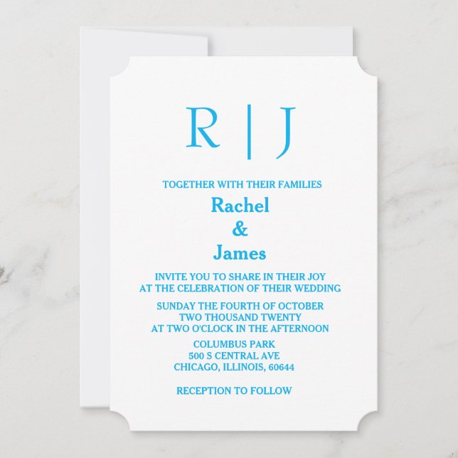 Sky Blue Monogram Minimal Einfache Hochzeit Einladung (Vorderseite)