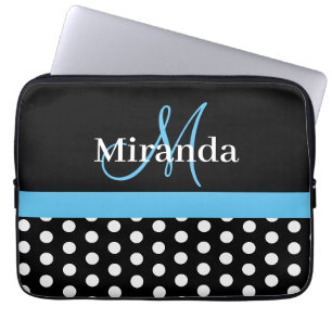 Sky Blue Monogram Schwarz-weiß Polka Dot Laptopschutzhülle
