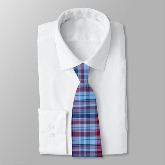 Sky Blue Navy Burgundy Preppy Madras Krawatte (Gebunden)