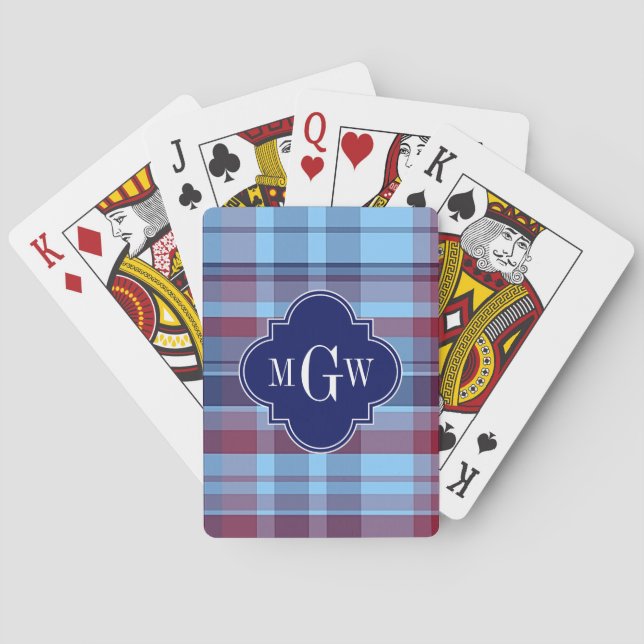 Sky Blue Navy Burgundy Preppy Madras Monogram Spielkarten (Rückseite)