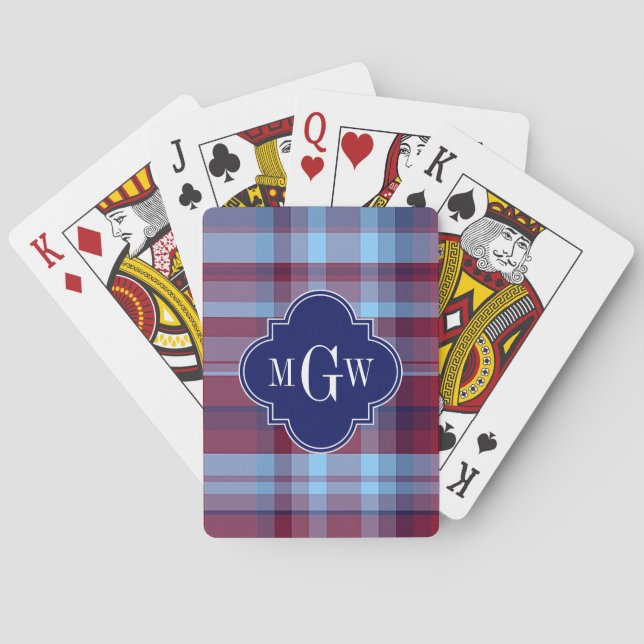 Sky Blue Navy Burgundy Preppy Madras Monogram Spielkarten (Rückseite)