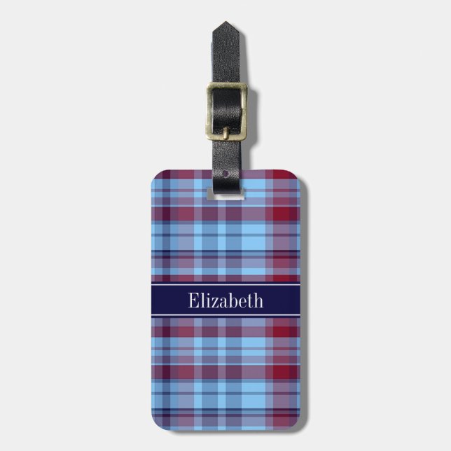 Sky Blue Navy Burgundy Preppy Madras N Monogram Gepäckanhänger (Vorderseite vertikal)