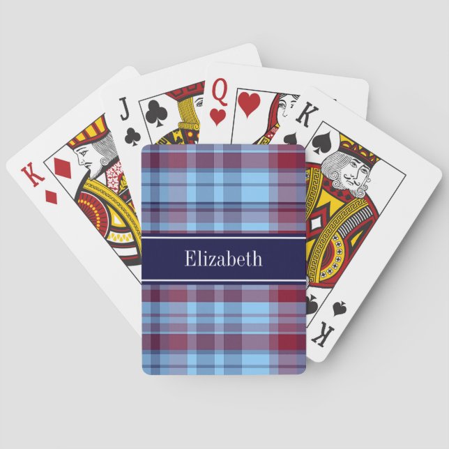 Sky Blue Navy Burgundy Preppy Madras N Monogram Spielkarten (Rückseite)