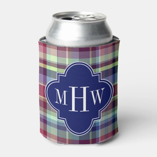 Sky Blue Navy Burgundy Wht Preppy Madras Monogram Dosenkühler (Kanne Vorderseite)