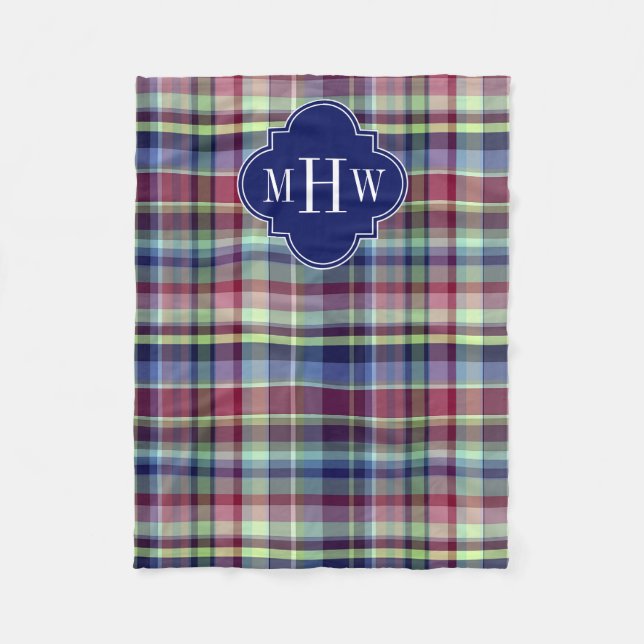 Sky Blue Navy Burgundy Wht Preppy Madras Monogram Fleecedecke (Vorderseite)