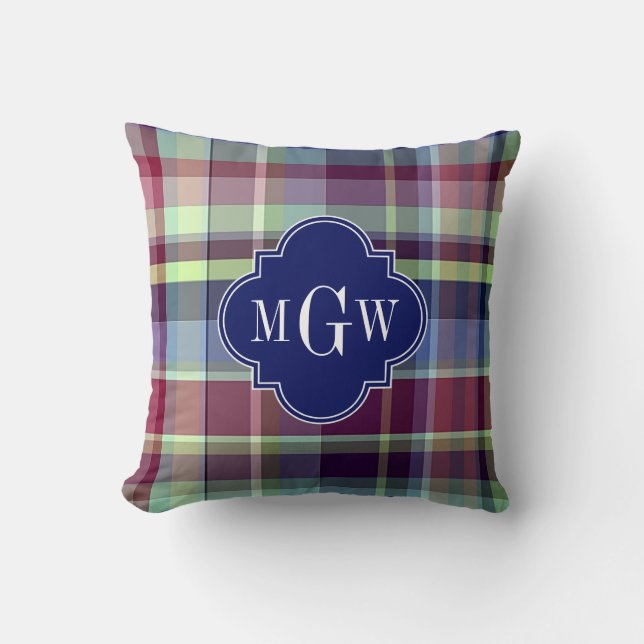 Sky Blue Navy Burgundy Wht Preppy Madras Monogram Kissen (Vorderseite)