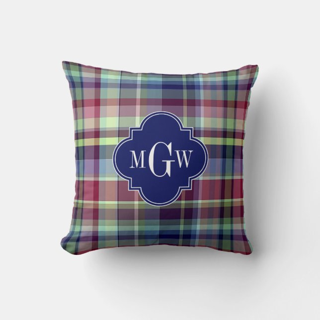 Sky Blue Navy Burgundy Wht Preppy Madras Monogram Kissen (Vorderseite)
