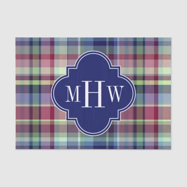 Sky Blue Navy Burgundy Wht Preppy Madras Monogram Seidenpapier (Vorderseite)