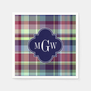 Sky Blue Navy Burgundy Wht Preppy Madras Monogram Serviette