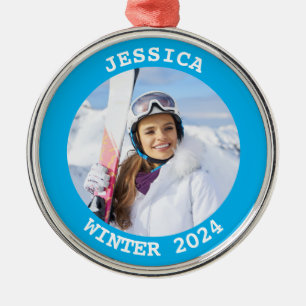 Sky Blue Personalisiert Round Family Foto Ornament Aus Metall