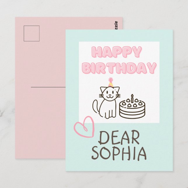 Sky blue&Pink Happy Birthday Cat Postcard Postkarte (Vorne/Hinten)