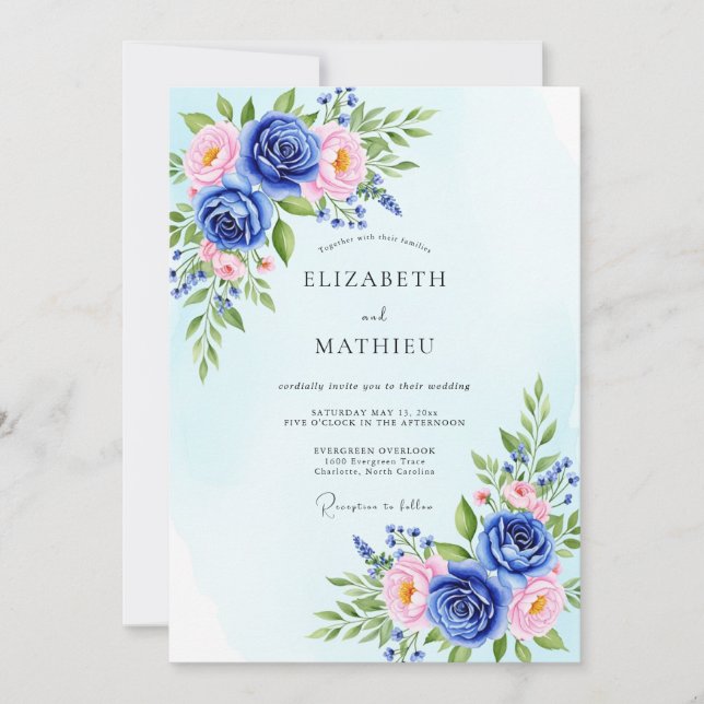Sky Blue Polished Botanical Wedding Einladung (Vorderseite)