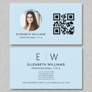 Sky Blue QR Foto Monogram Minimalistisch Visitenkarte