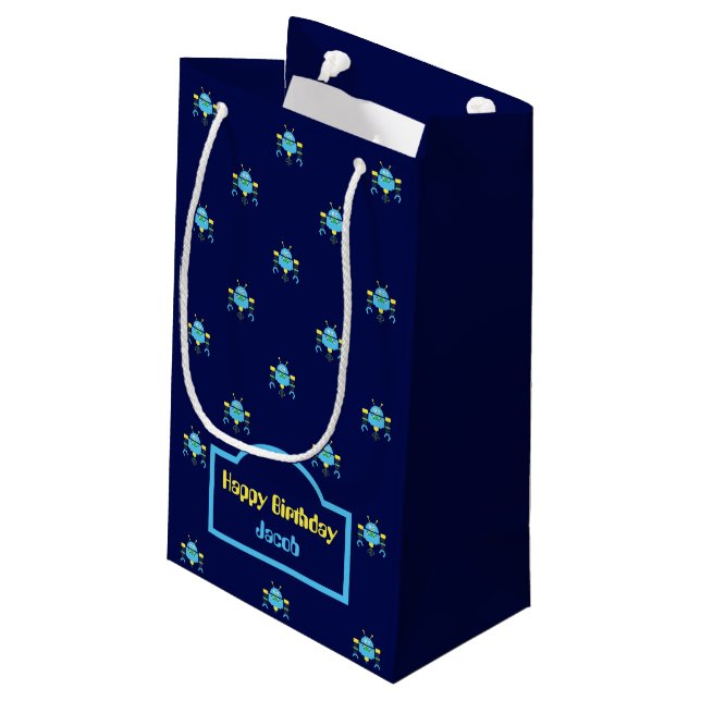 Sky Blue Robot Pattern Navy Blue Gift Bag Kleine Geschenktüte (Rückseite Schrägansicht)