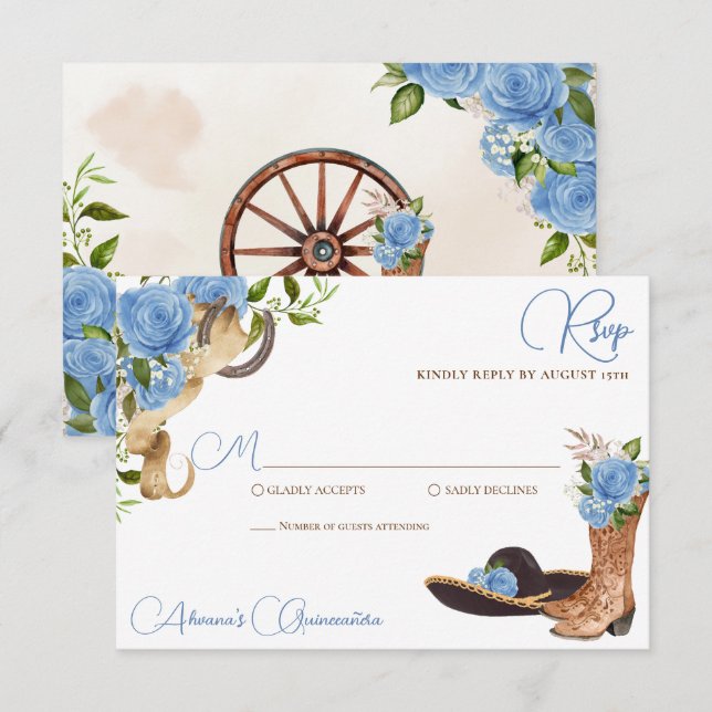 Sky Blue Rose Charro Western Quinceanera RSVP Karte (Vorne/Hinten)