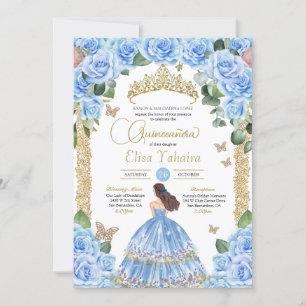 Sky Blue Rosen floral Gold Butterfly Quinceanera Einladung