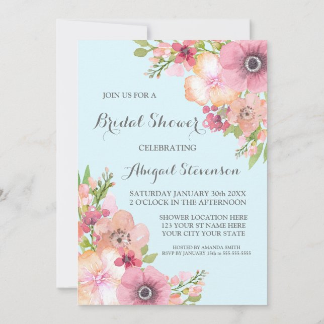 Sky Blue Rustic Pink Blume Brautparty Einladung (Rückseite)