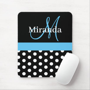 Sky Blue Schwarz-weiß Polka Dot Monogram Mouse Pa Mousepad