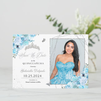 Sky Blue & Silver Quinceañera Save the Date Foto Einladung
