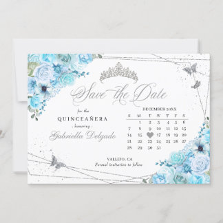 Sky Blue & Silver Quinceñera Save the Date Einladung