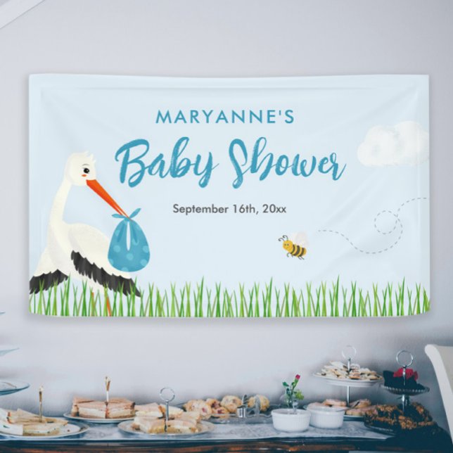 Sky Blue Stork Baby Dusche Banner (Blue stork baby shower banner boy themed baby sprinkle sign on the wall)