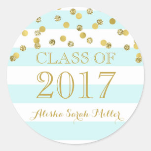 Sky Blue Stripe Gold Confetti Abschluss 2017 Runder Aufkleber