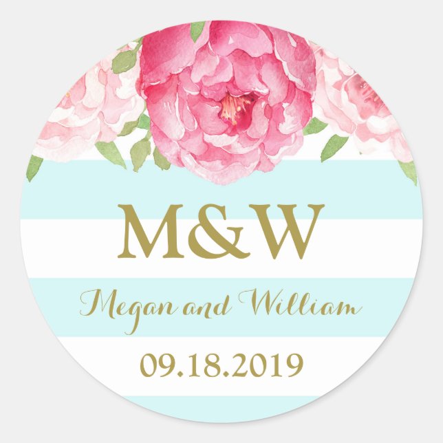 Sky Blue Stripes Floral Monogram Gastgeschenk Hoch Runder Aufkleber (Vorderseite)
