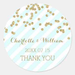 Sky Blue Stripes Gold Confetti Gastgeschenk Hochze Runder Aufkleber