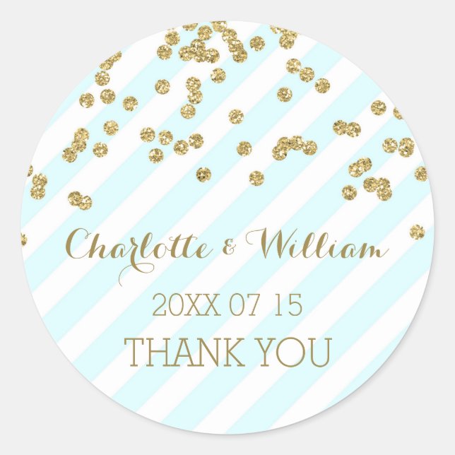 Sky Blue Stripes Gold Confetti Gastgeschenk Hochze Runder Aufkleber (Vorderseite)