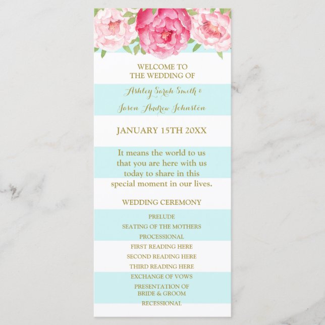 Sky Blue Stripes Pink Watercolor Hochzeitsprogramm Programm (Vorderseite)