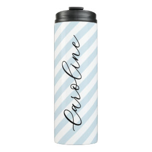 Sky Blue Stripes Script Monogram Thermosbecher