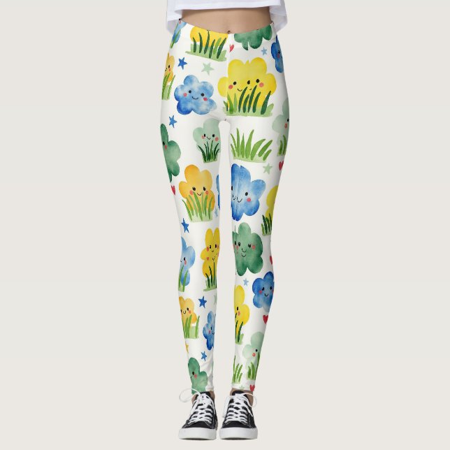 Sky Blue Sunshine Yellow Grassy Green Camouflage Leggings (Vorderseite)