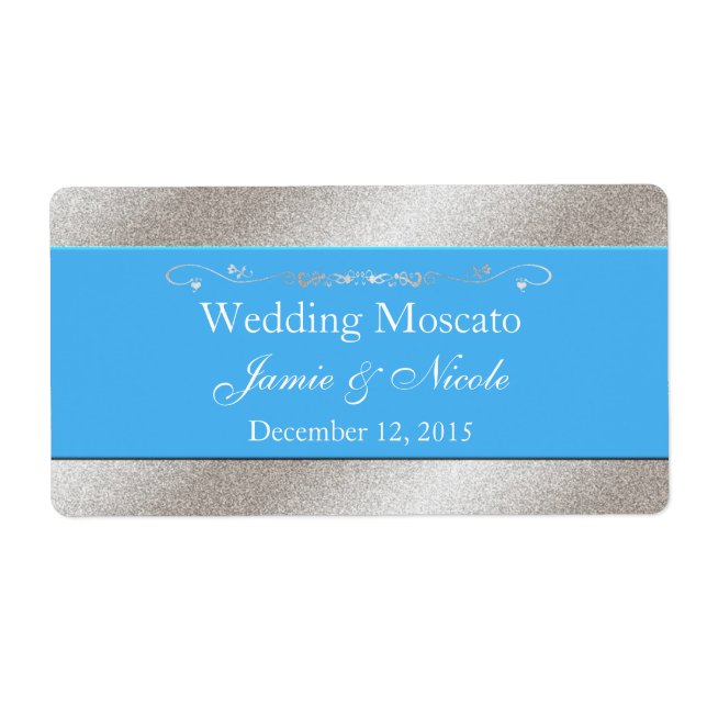 Sky Blue und Silver Wedding Mini Wine Labels (Vorne)