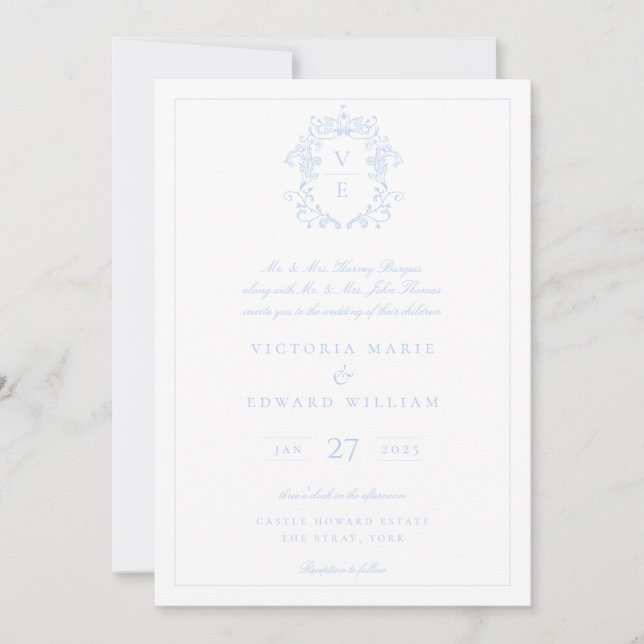 Sky Blue Wappen Monogram Wedding Einladung (Vorderseite)