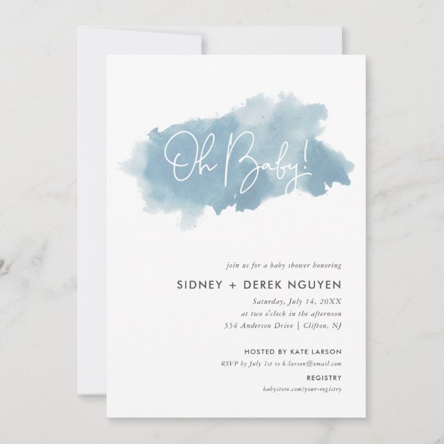 Sky Blue Watercolor Baby Dusche Einladung (Vorderseite)