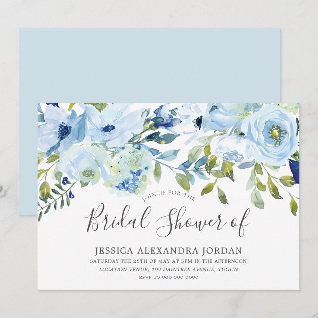 Sky Blue Watercolor Blume Brautparty Einladung (Vorne/Hinten)
