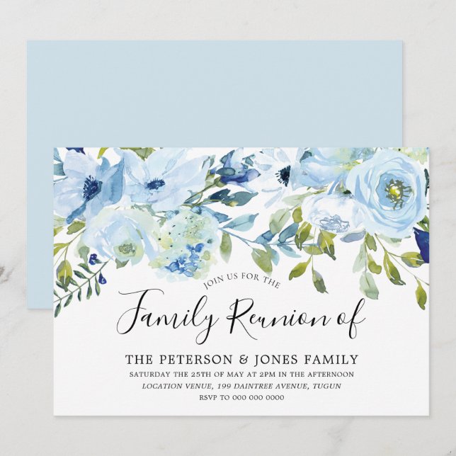 Sky Blue Watercolor Blume Family Wiedersehen Einladung (Vorne/Hinten)